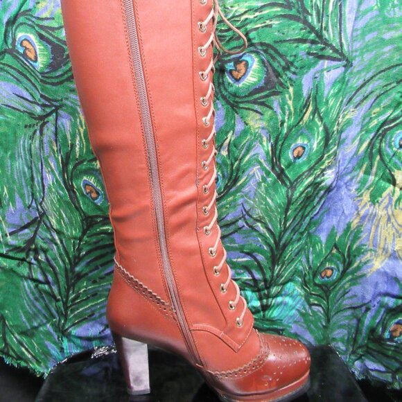 Vintage Look Cognac Sheepskin + PU Leather Lace Up Stacked Heel Knee High Boots - Picture 8 of 15